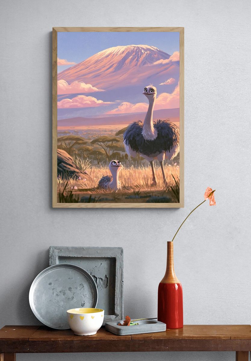 Savanna Ostrich Family Illustration Poster. — room view 3