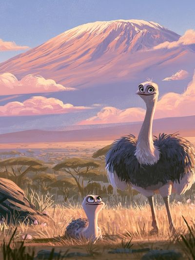 Savanna Ostrich Family Illustration Poster.