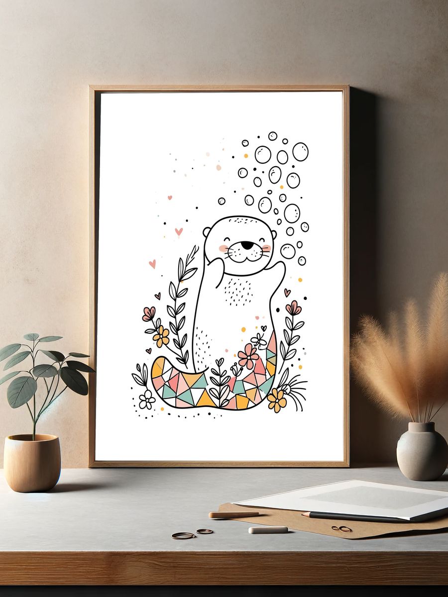 Cute Otter Floral Illustration Poster. — room view 2
