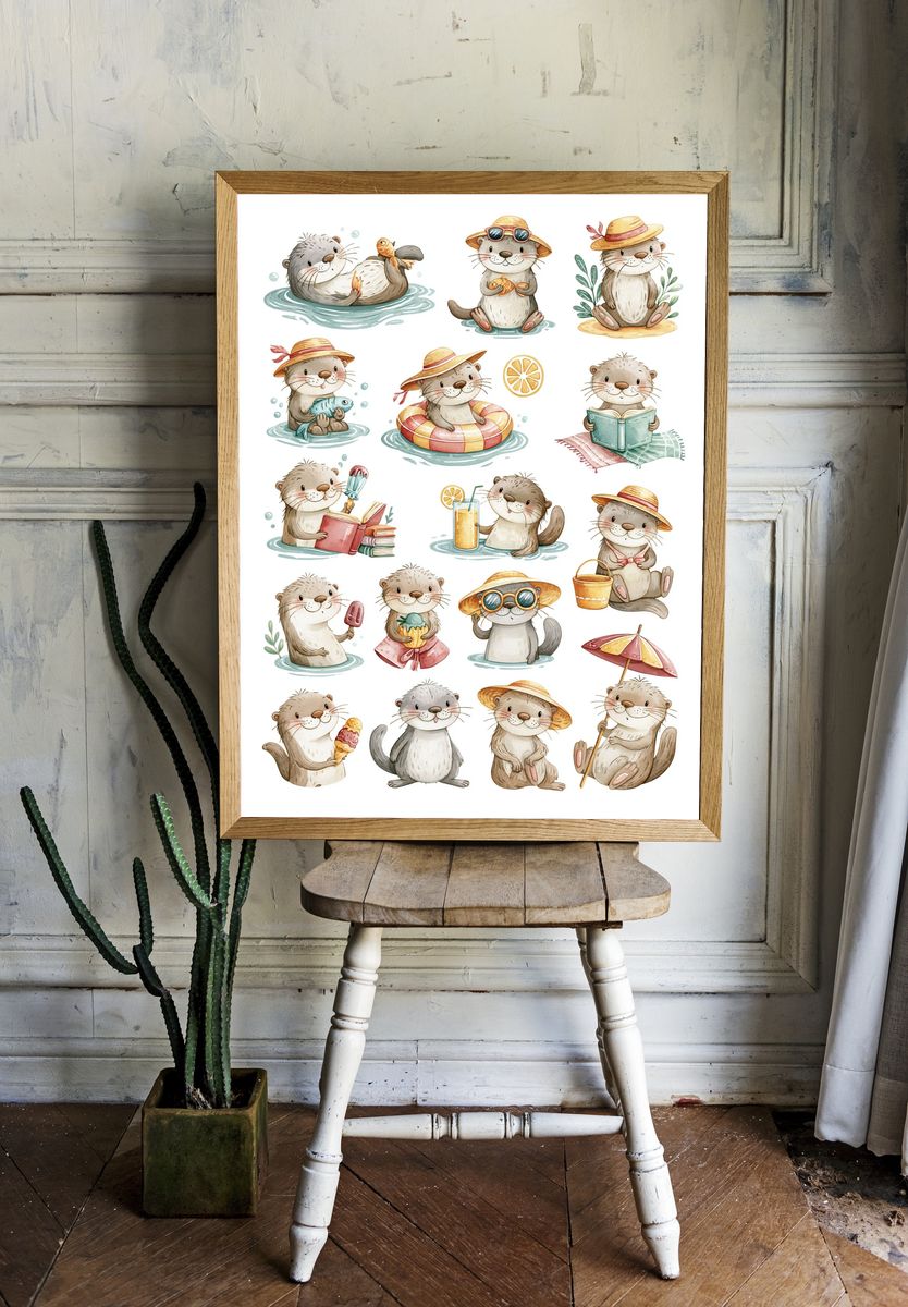 Cute Otter Summer Watercolor Poster. — room view 1