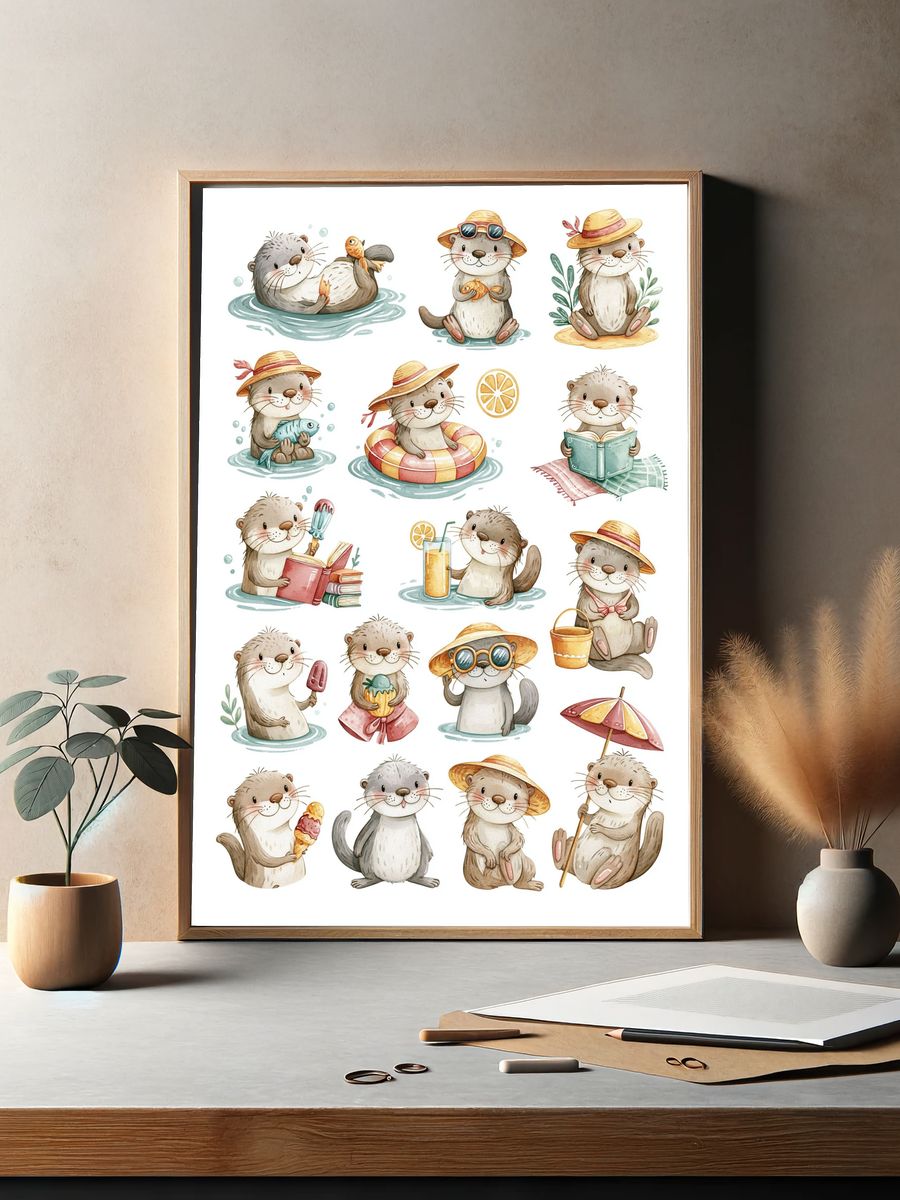 Cute Otter Summer Watercolor Poster. — room view 2