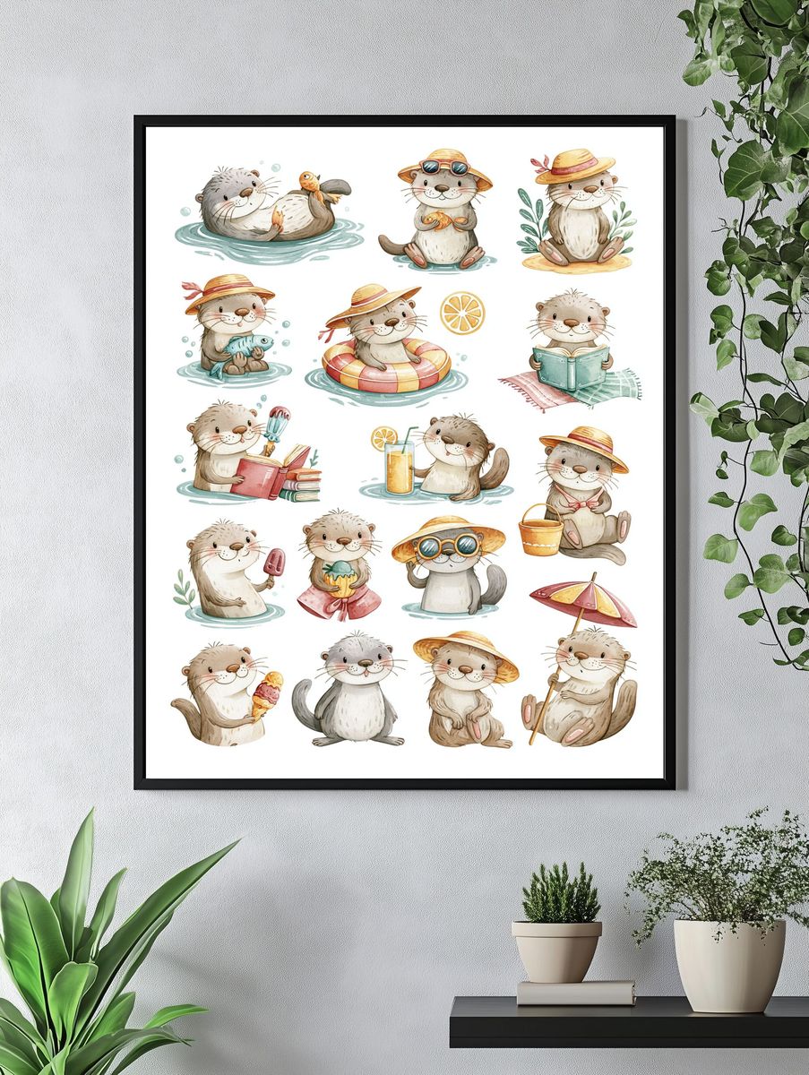 Cute Otter Summer Watercolor Poster. — room view 4
