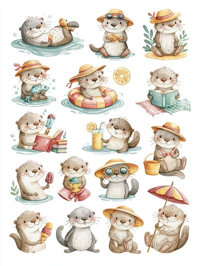 Cute Otter Summer Watercolor Poster. poster