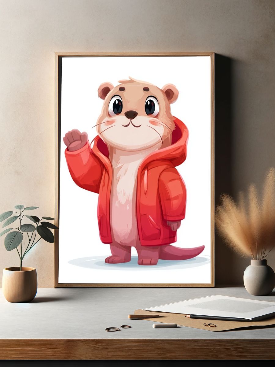 Otter in Red Coat Illustration Poster. — room view 2