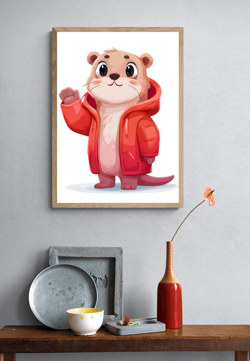 Otter in Red Coat Illustration Poster. — room view 3