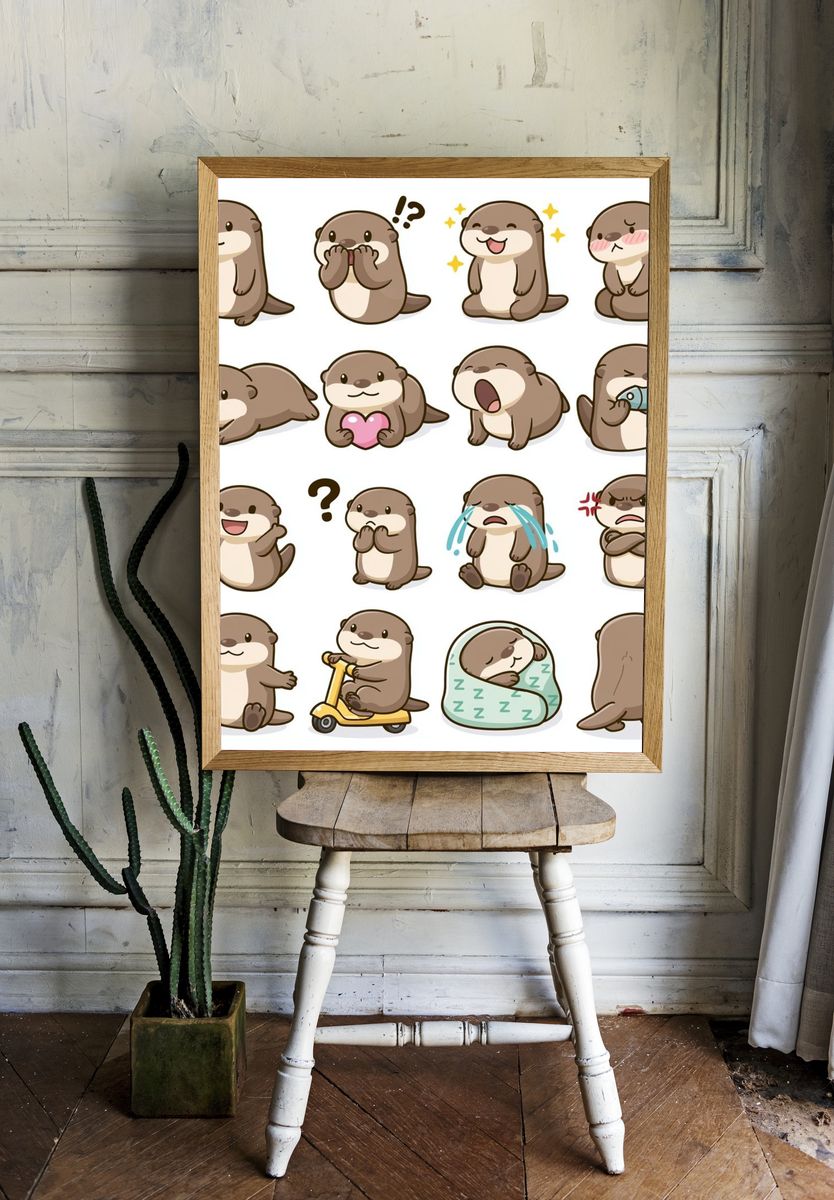 Cute Otter Expressions Illustration Poster. — room view 1