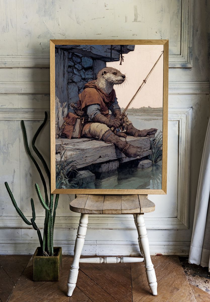 Otter Fisherman Illustration Poster room preview
