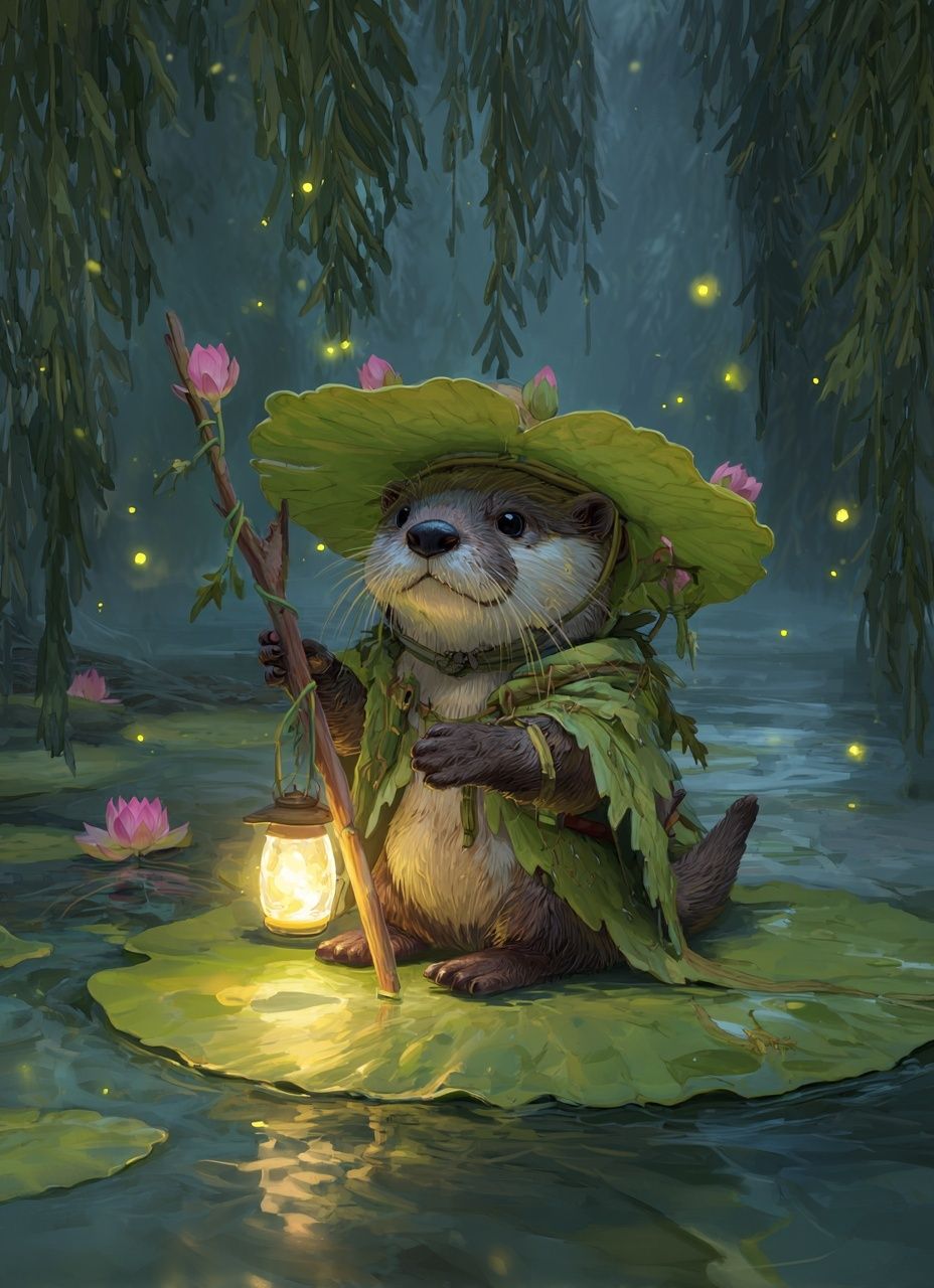 Whimsical Otter in a Lantern Light — Illustration Print. poster — illustration art