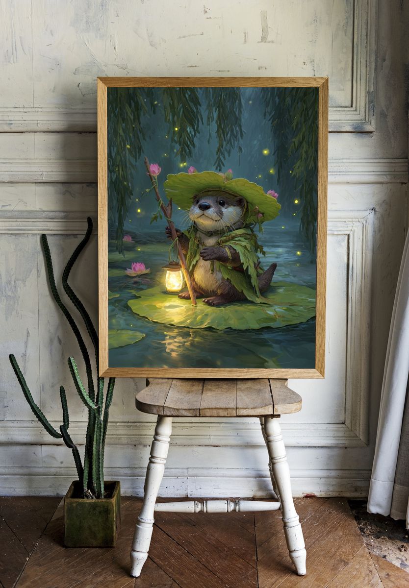 Whimsical Otter in a Lantern Light — Illustration Print room preview