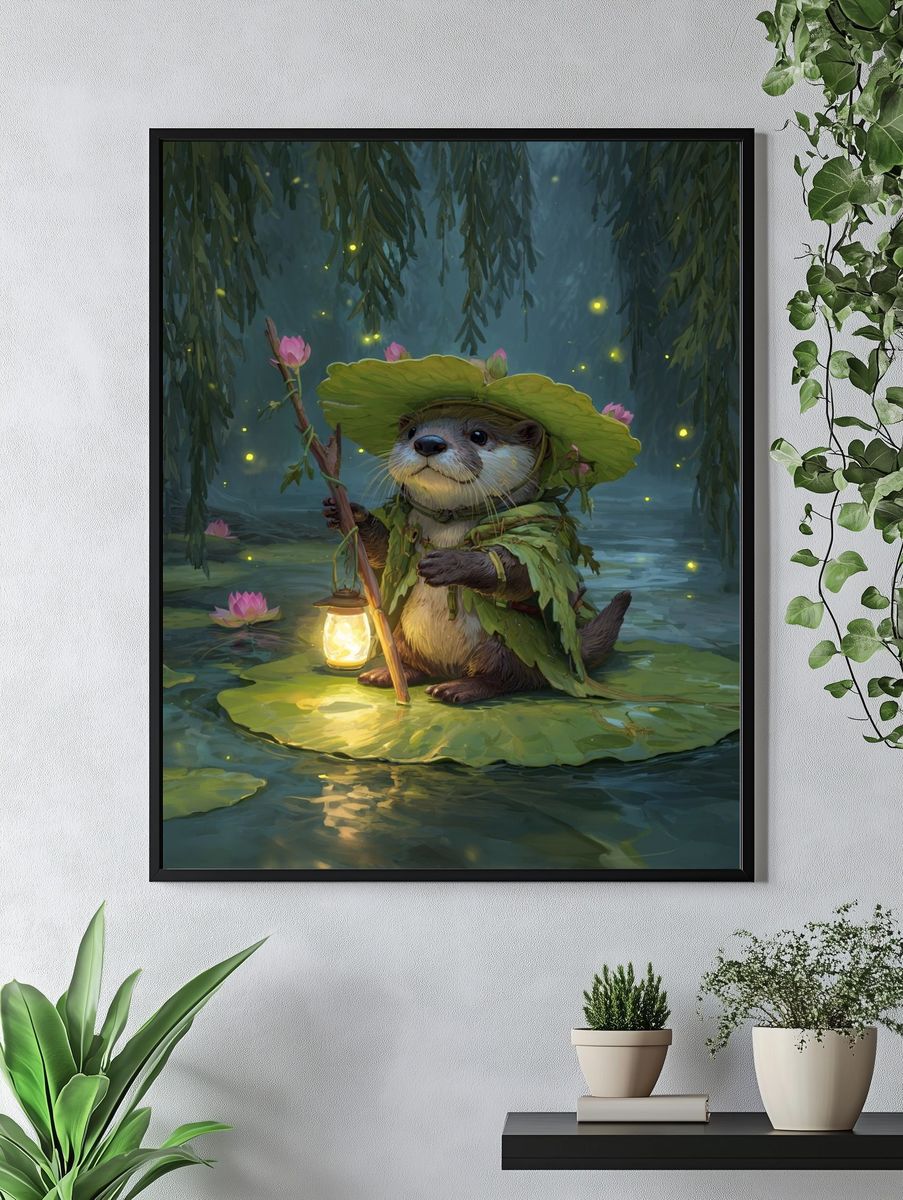 Whimsical Otter in a Lantern Light — Illustration Print. — room view 4