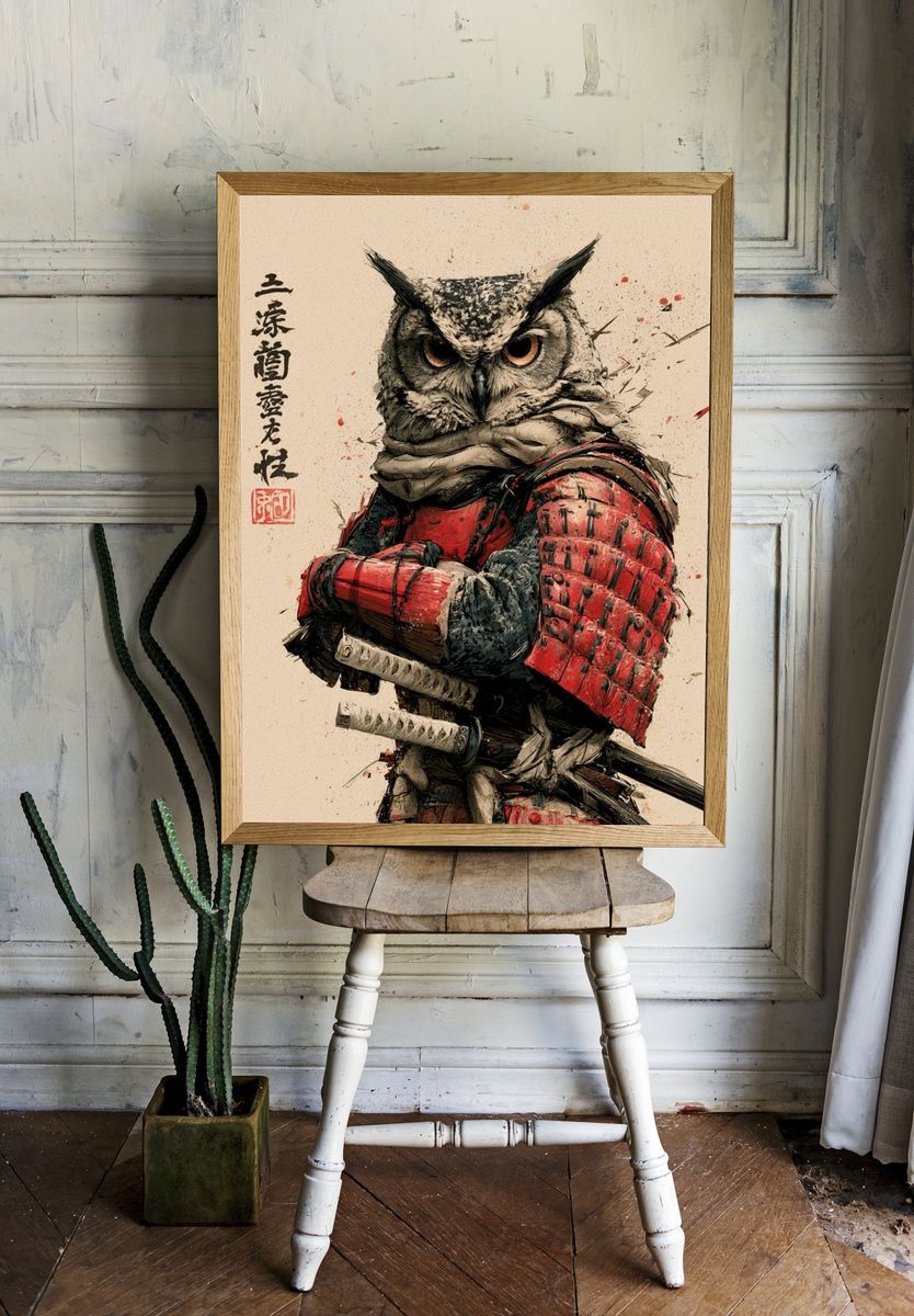 Samurai Owl Illustration Poster. — room view 1
