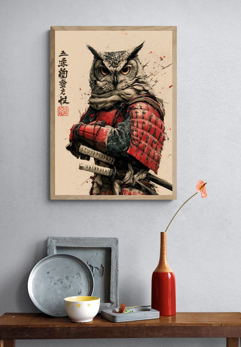 Samurai Owl Illustration Poster. — room view 3