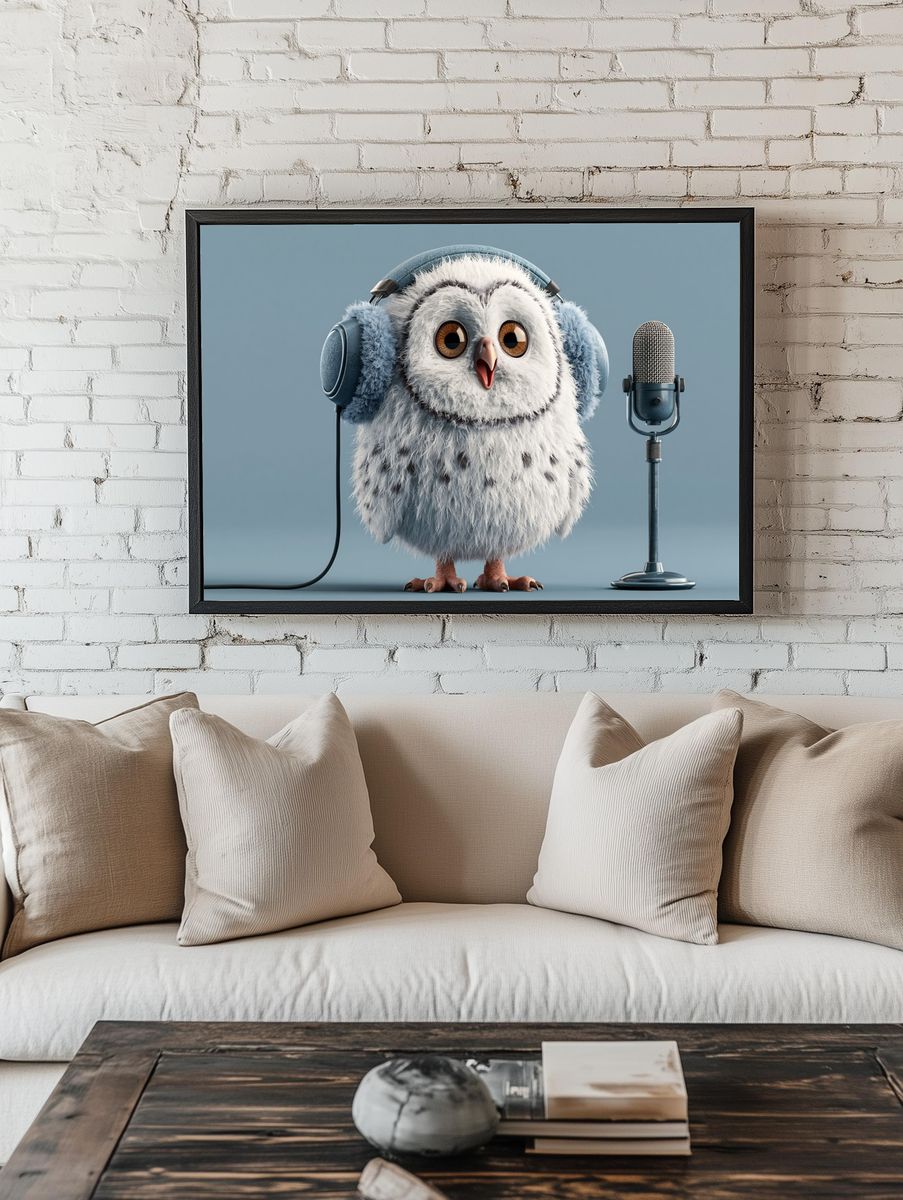 Cute Owl with Microphone Illustration Poster. room preview
