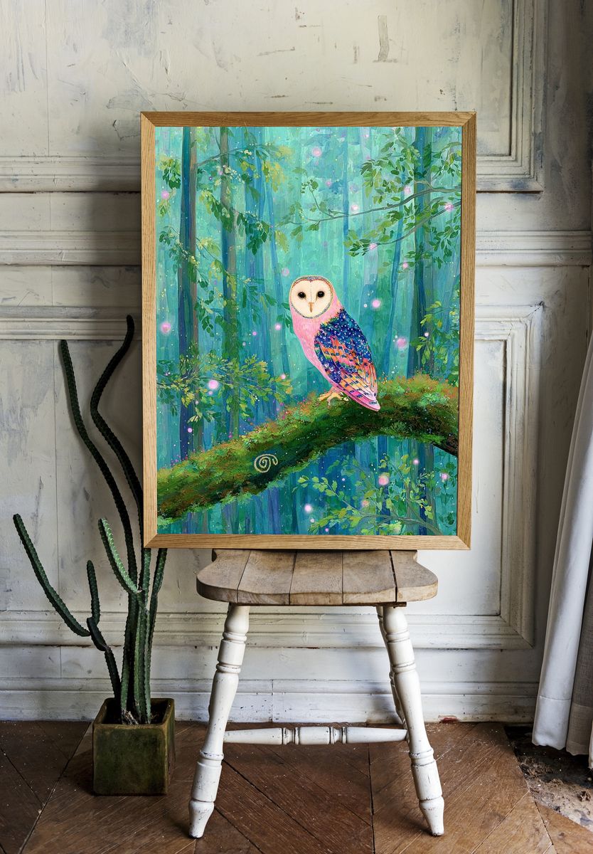 Colorful Owl in Enchanted Forest Poster. room preview