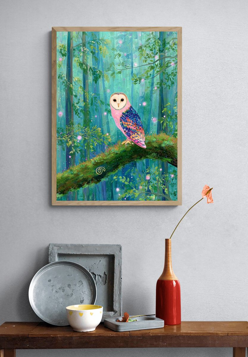 Colorful Owl in Enchanted Forest Poster. — room view 3