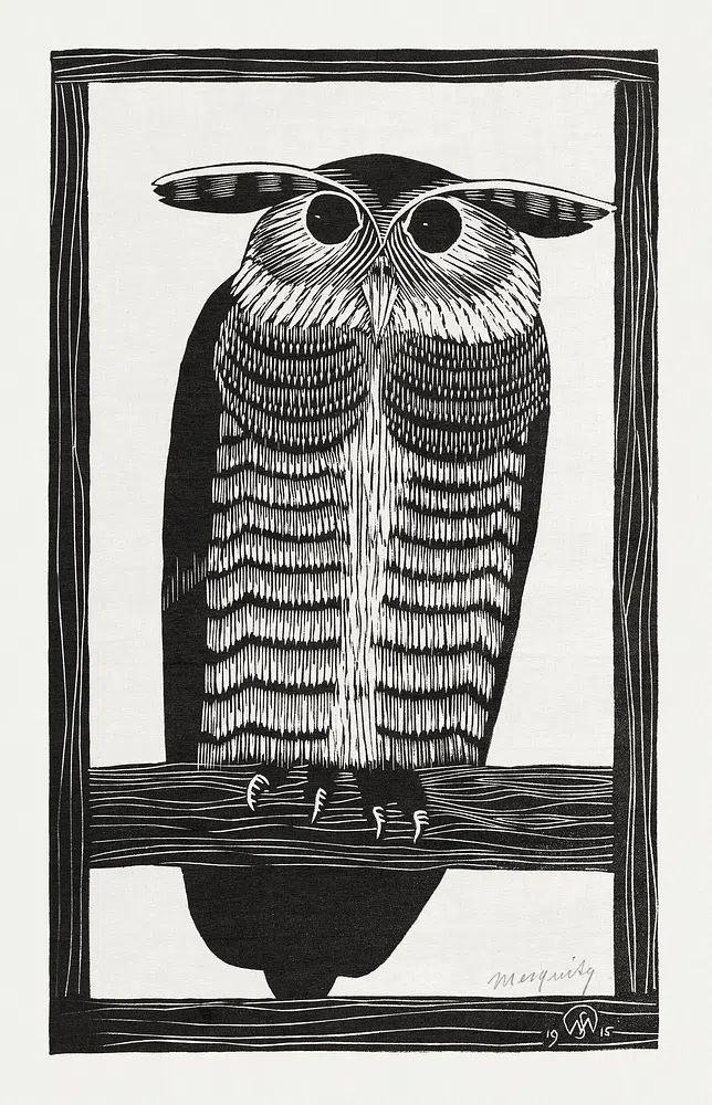Horned owl (Hoornuil) (1915) print. poster — animals art