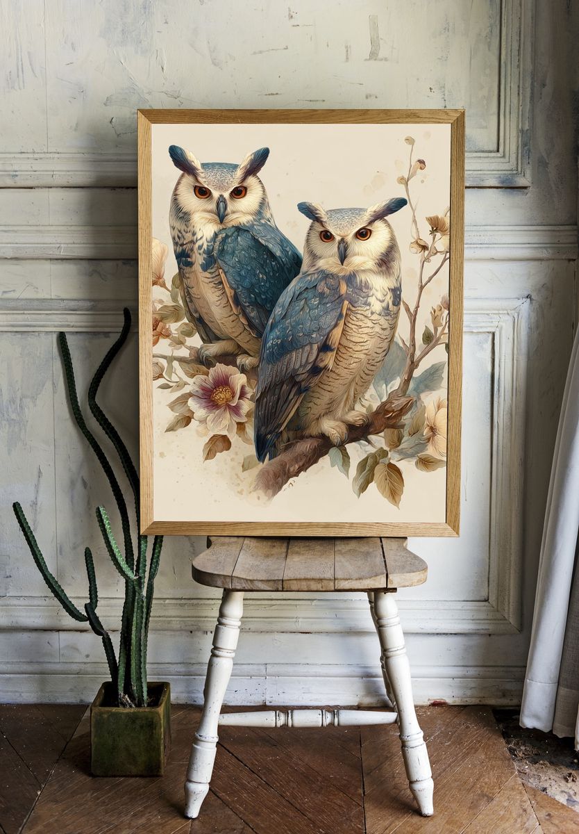 Owls and Flowers — Illustration Print room preview