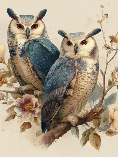Owls and Flowers — Illustration Print. poster
