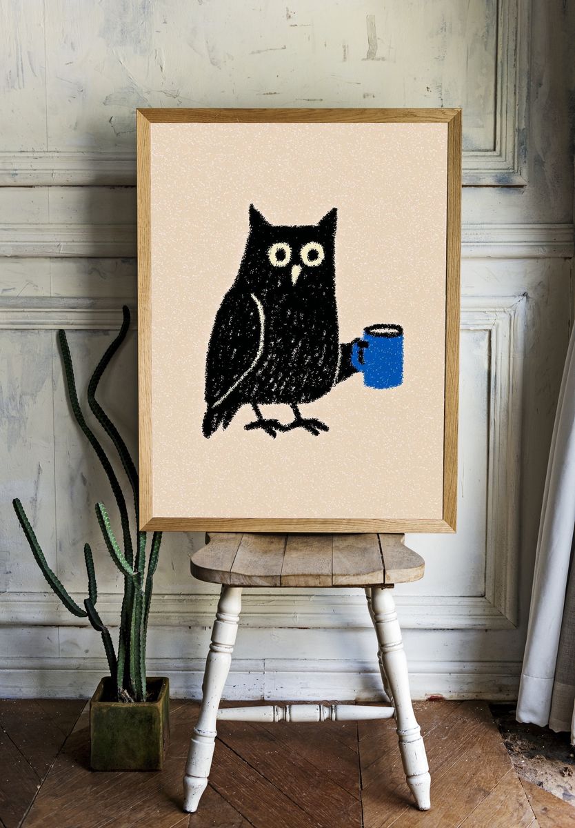 Owl with Coffee Mug — Illustration Print room preview