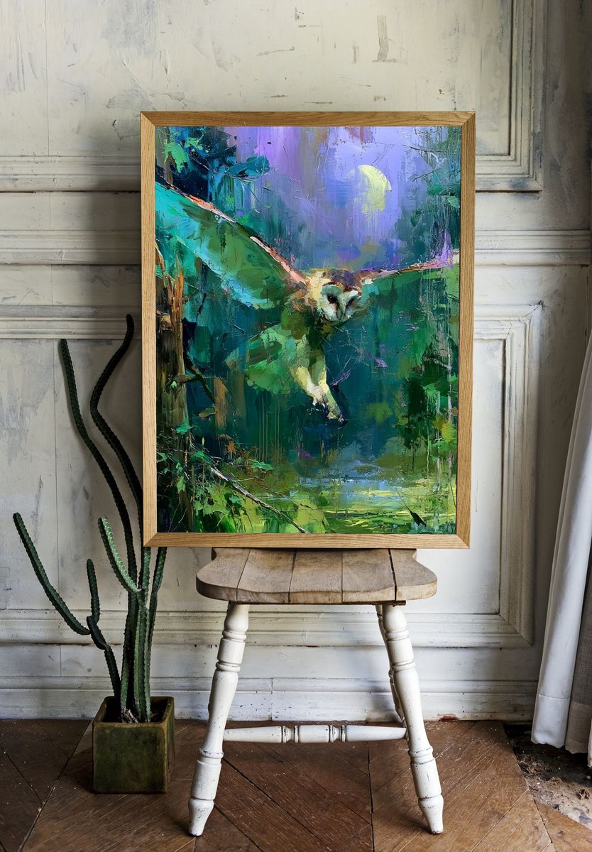 Owl in Moonlit Forest Illustration Poster. — room view 1