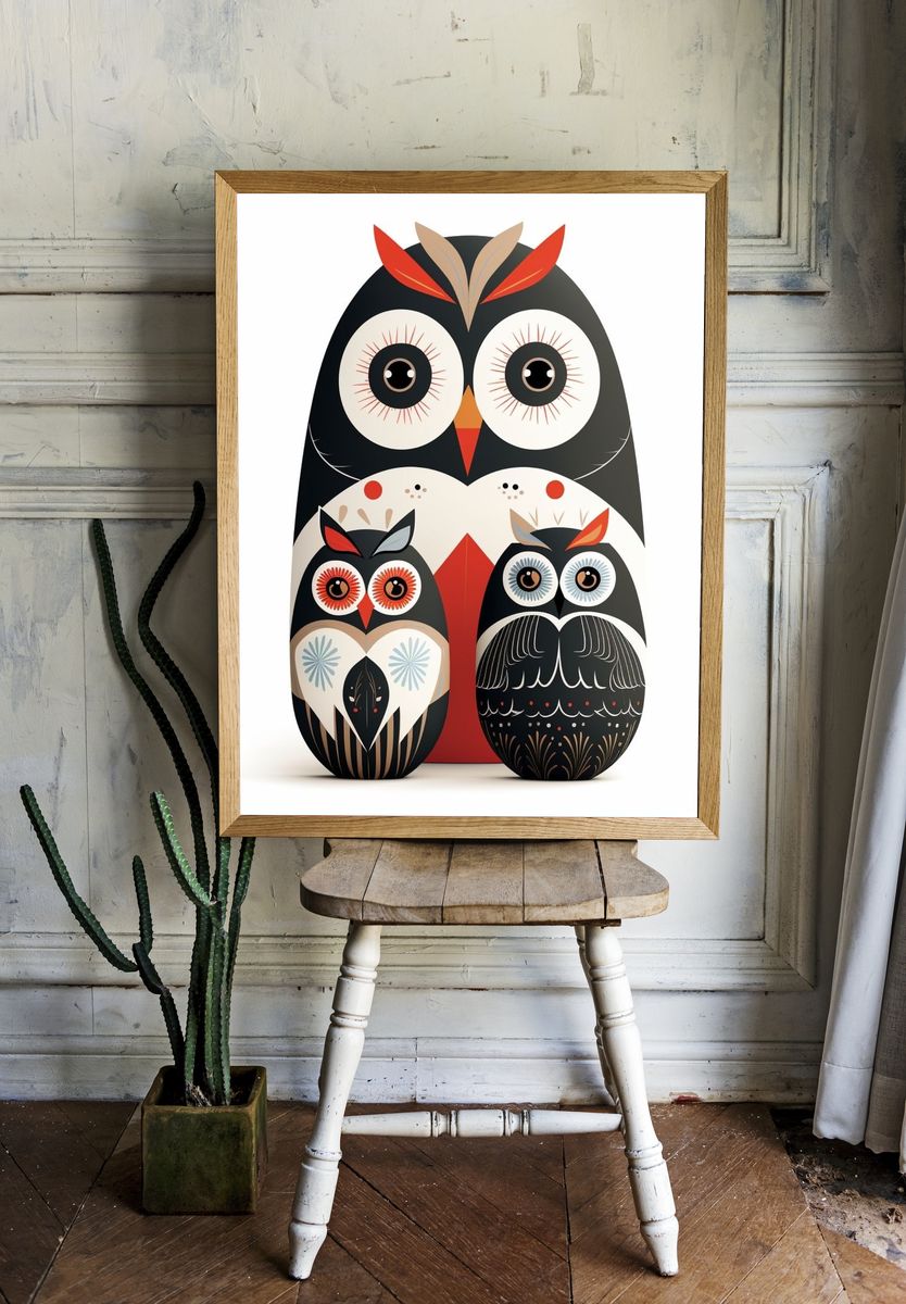 Decorative Owl Family Illustration Poster. — room view 1