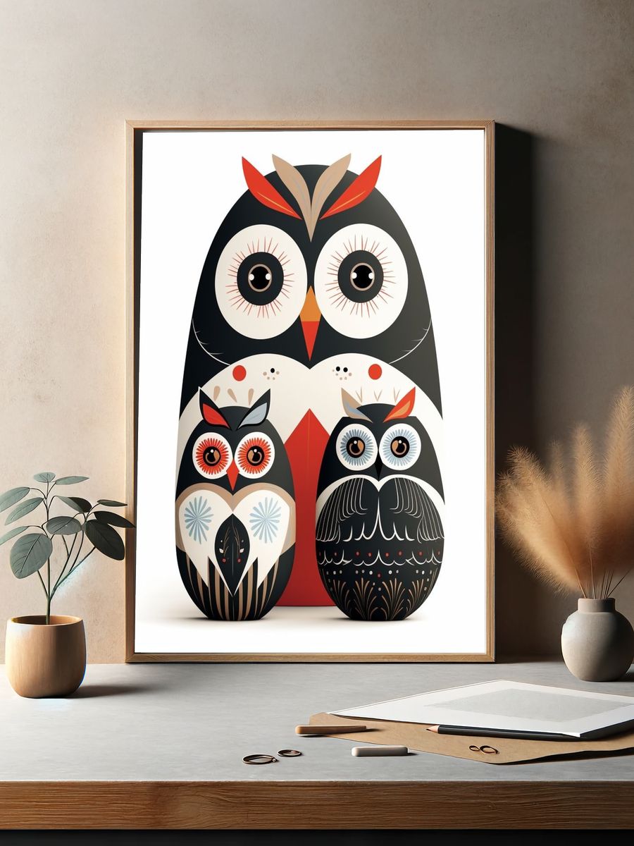 Decorative Owl Family Illustration Poster. — room view 2