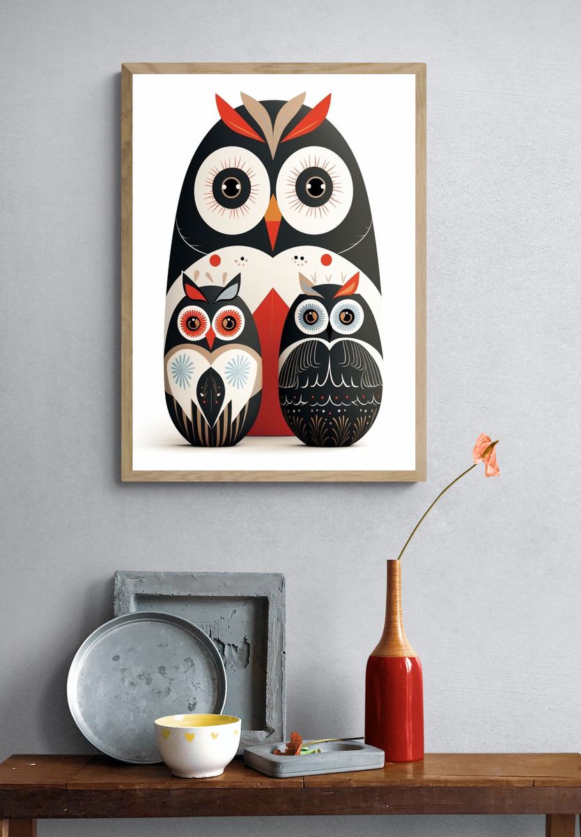 Decorative Owl Family Illustration Poster. — room view 3