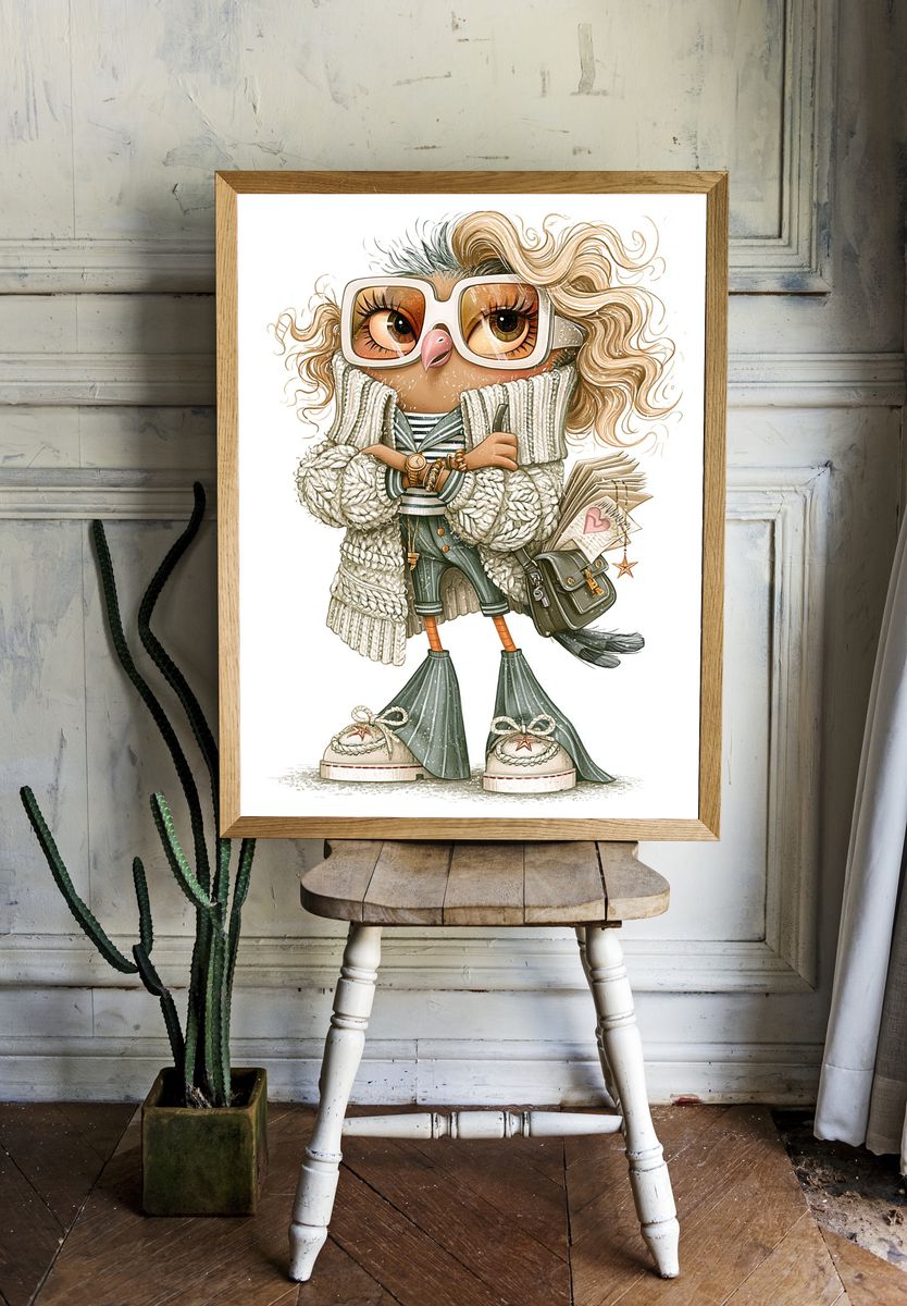 Owl Fashion Illustration Poster. — room view 1