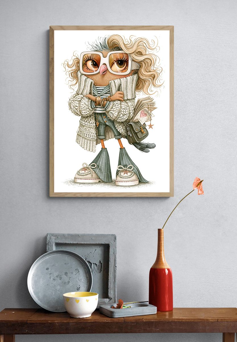 Owl Fashion Illustration Poster. — room view 3