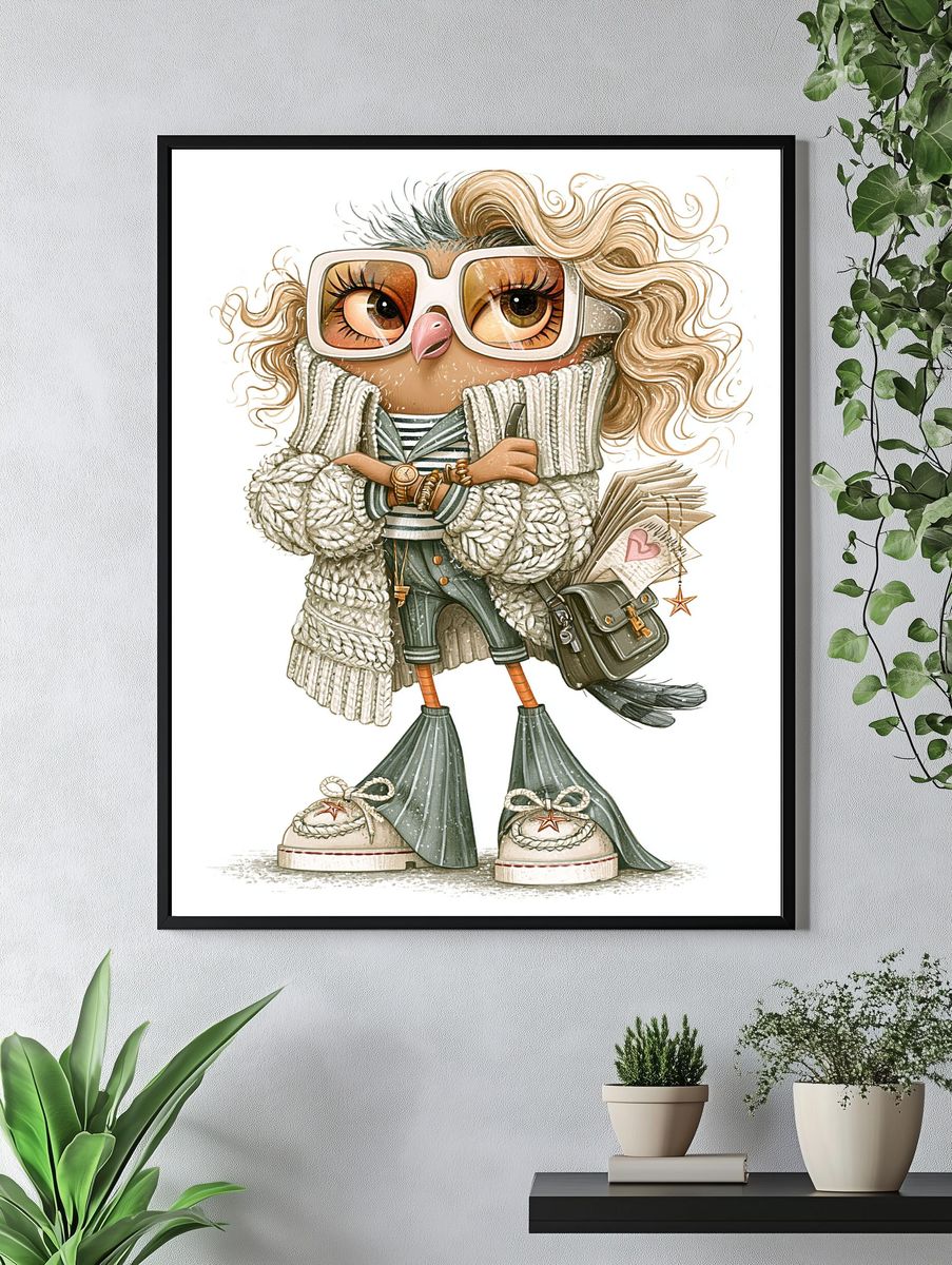 Owl Fashion Illustration Poster. — room view 4