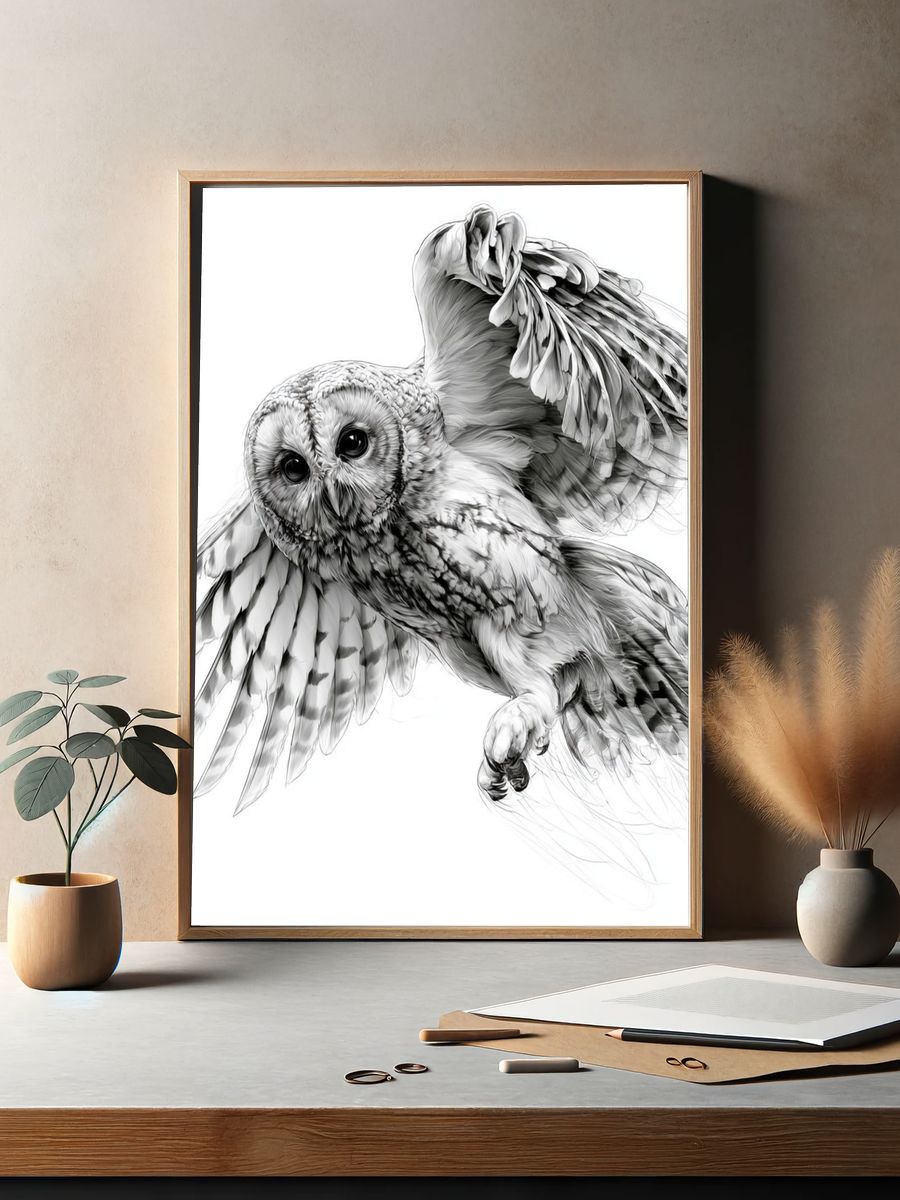 Flying Owl Ink Illustration Poster. — room view 2