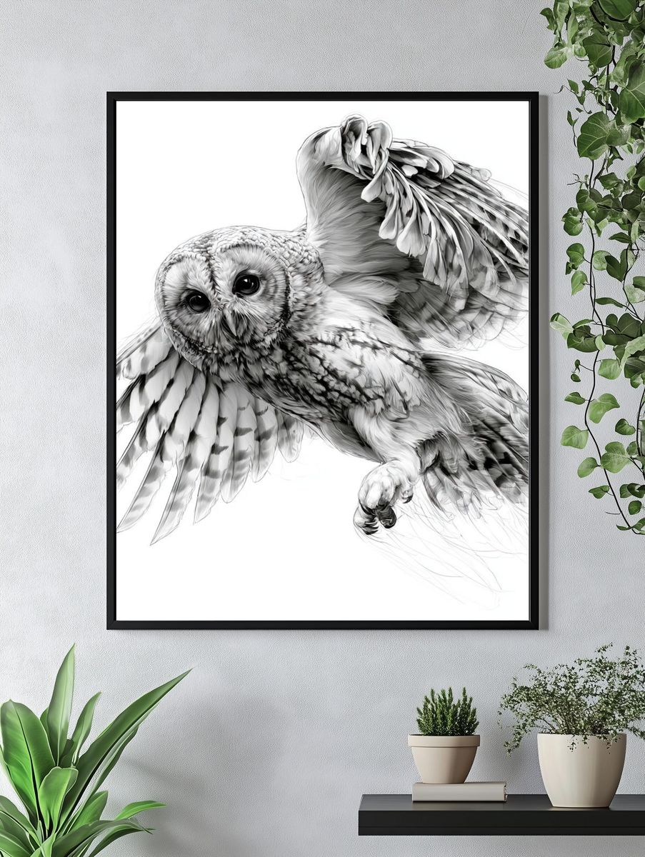 Flying Owl Ink Illustration Poster. — room view 4
