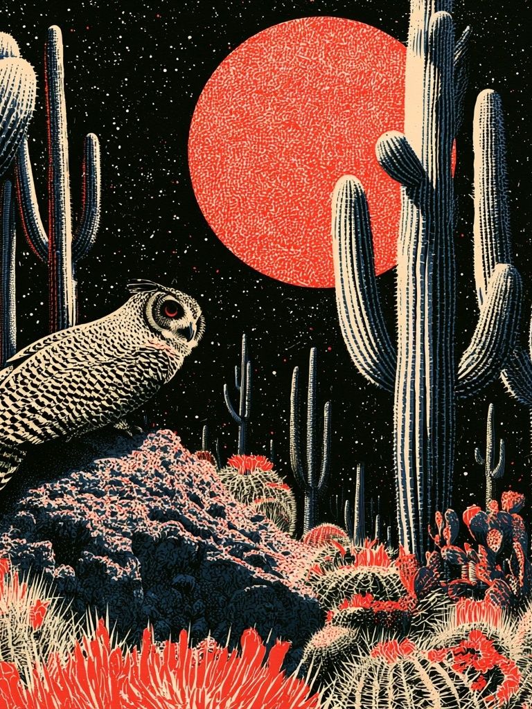 Desert Owl Nightscape Illustration Poster. poster detail