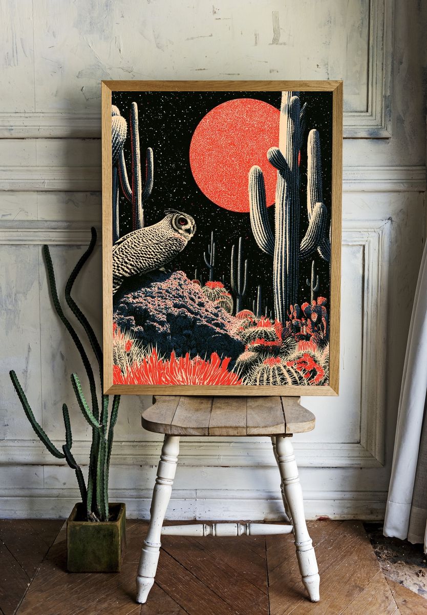 Desert Owl Nightscape Illustration Poster. — room view 1