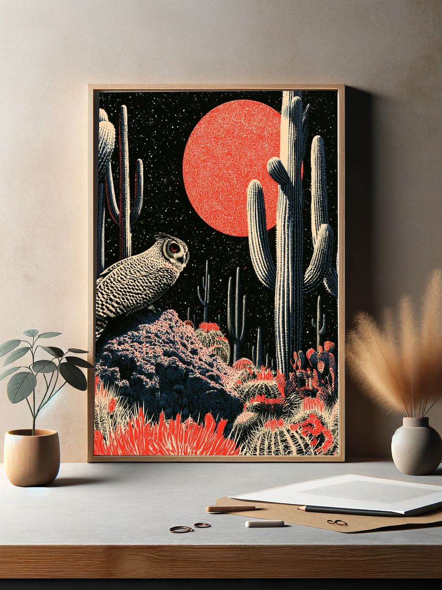 Desert Owl Nightscape Illustration Poster. — room view 2