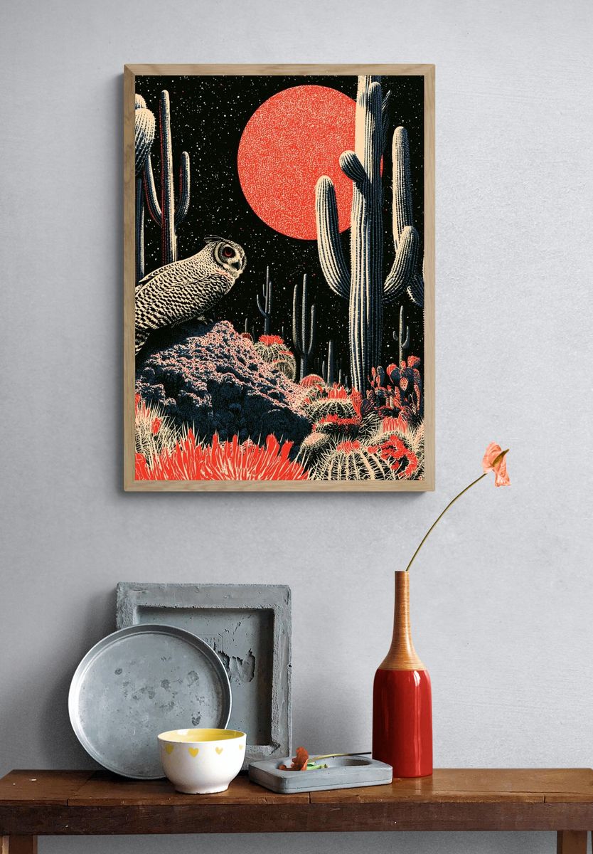 Desert Owl Nightscape Illustration Poster. — room view 3