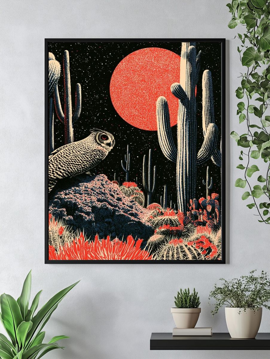 Desert Owl Nightscape Illustration Poster. — room view 4