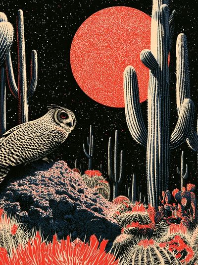 Desert Owl Nightscape Illustration Poster.