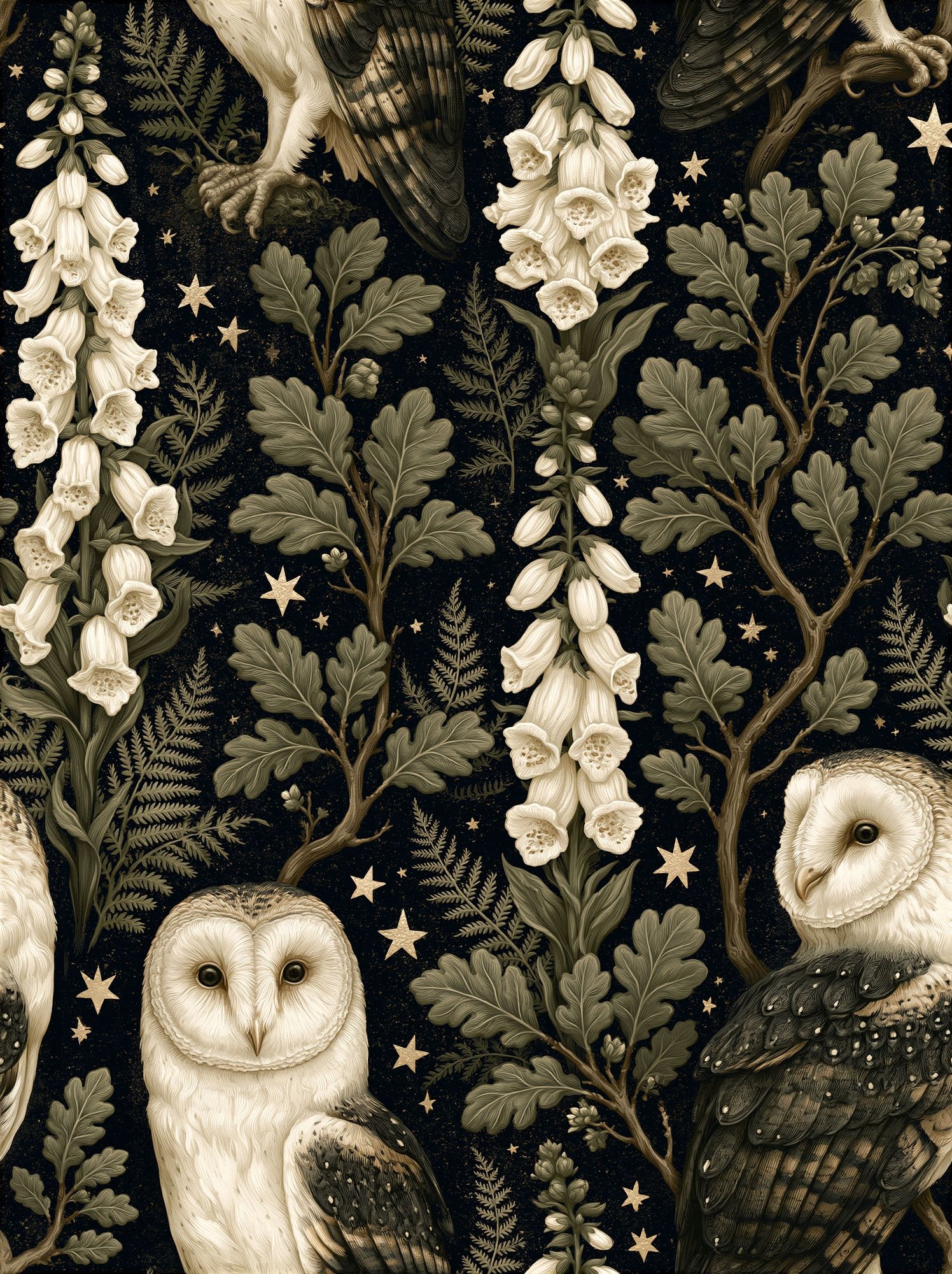 Owls and Foxglove Botanical Print. poster detail