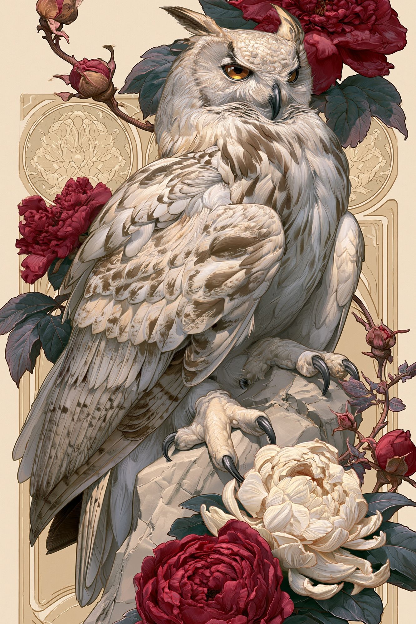 Owl and Peonies Illustration Poster. poster detail