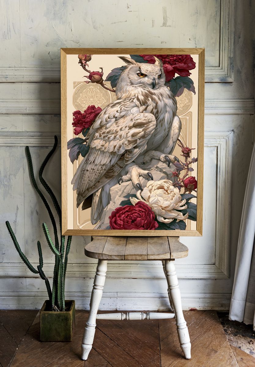 Owl and Peonies Illustration Poster. — room view 1