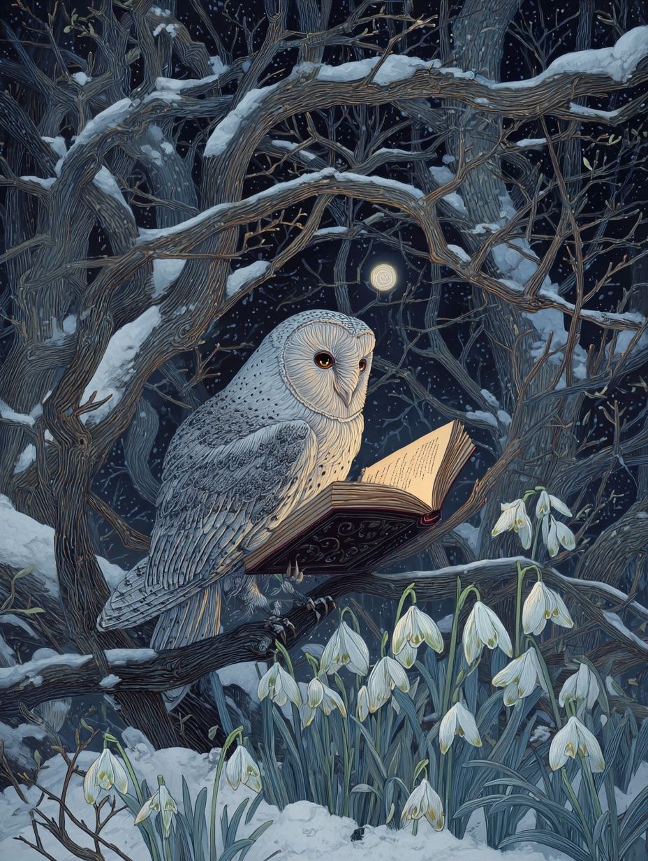Owl Reading in Winter — Illustration Print. poster detail