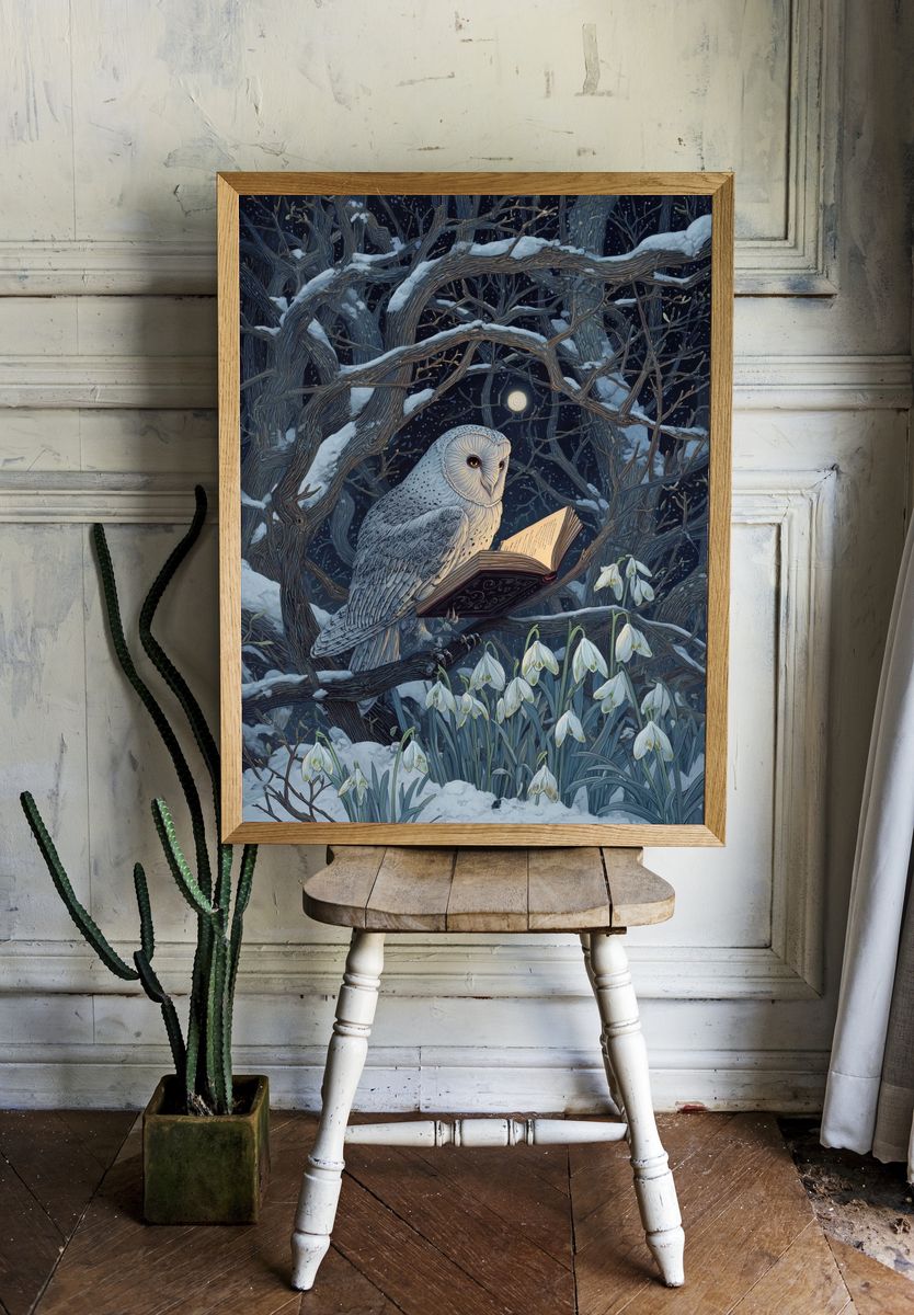 Owl Reading in Winter — Illustration Print room preview