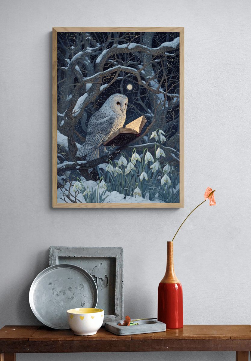 Owl Reading in Winter — Illustration Print. — room view 3