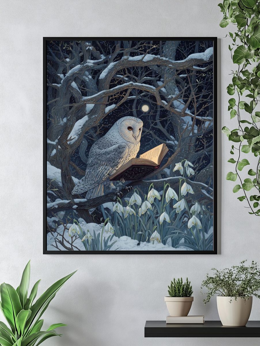 Owl Reading in Winter — Illustration Print. — room view 4