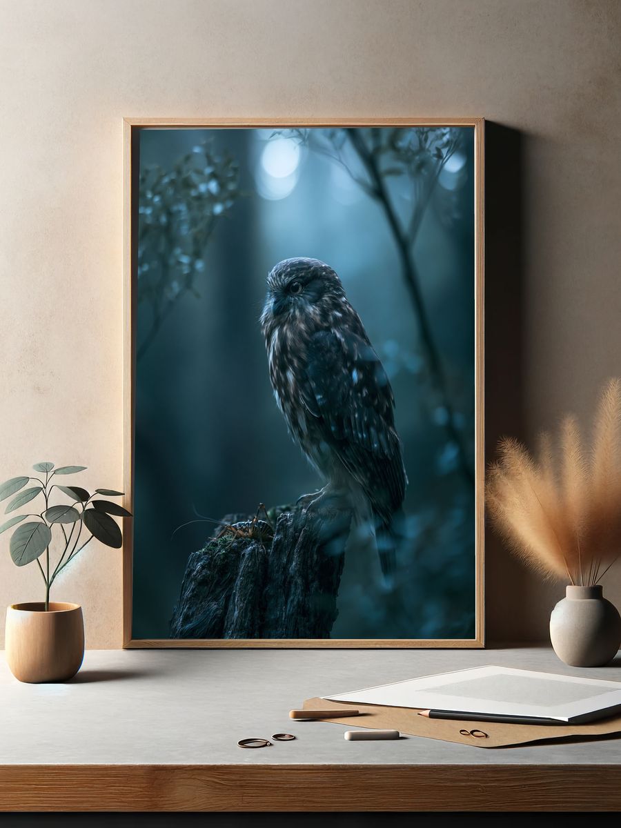 Owl in Moonlit Forest Photography Poster. — room view 2