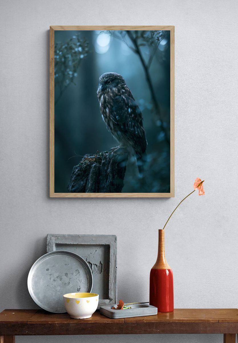 Owl in Moonlit Forest Photography Poster. — room view 3