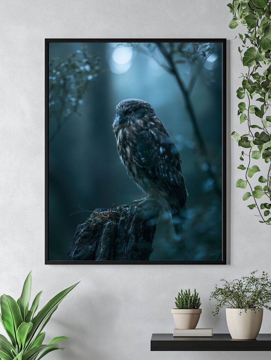 Owl in Moonlit Forest Photography Poster. — room view 4