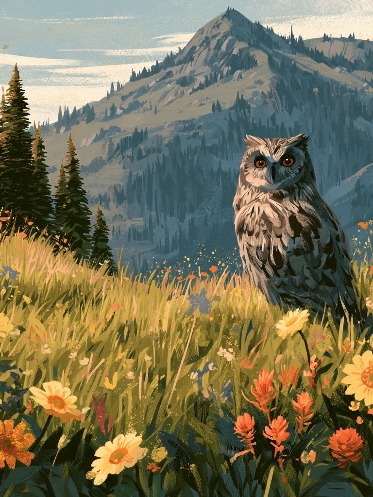 Owl Meadow Mountain Illustration Poster. poster — animals art