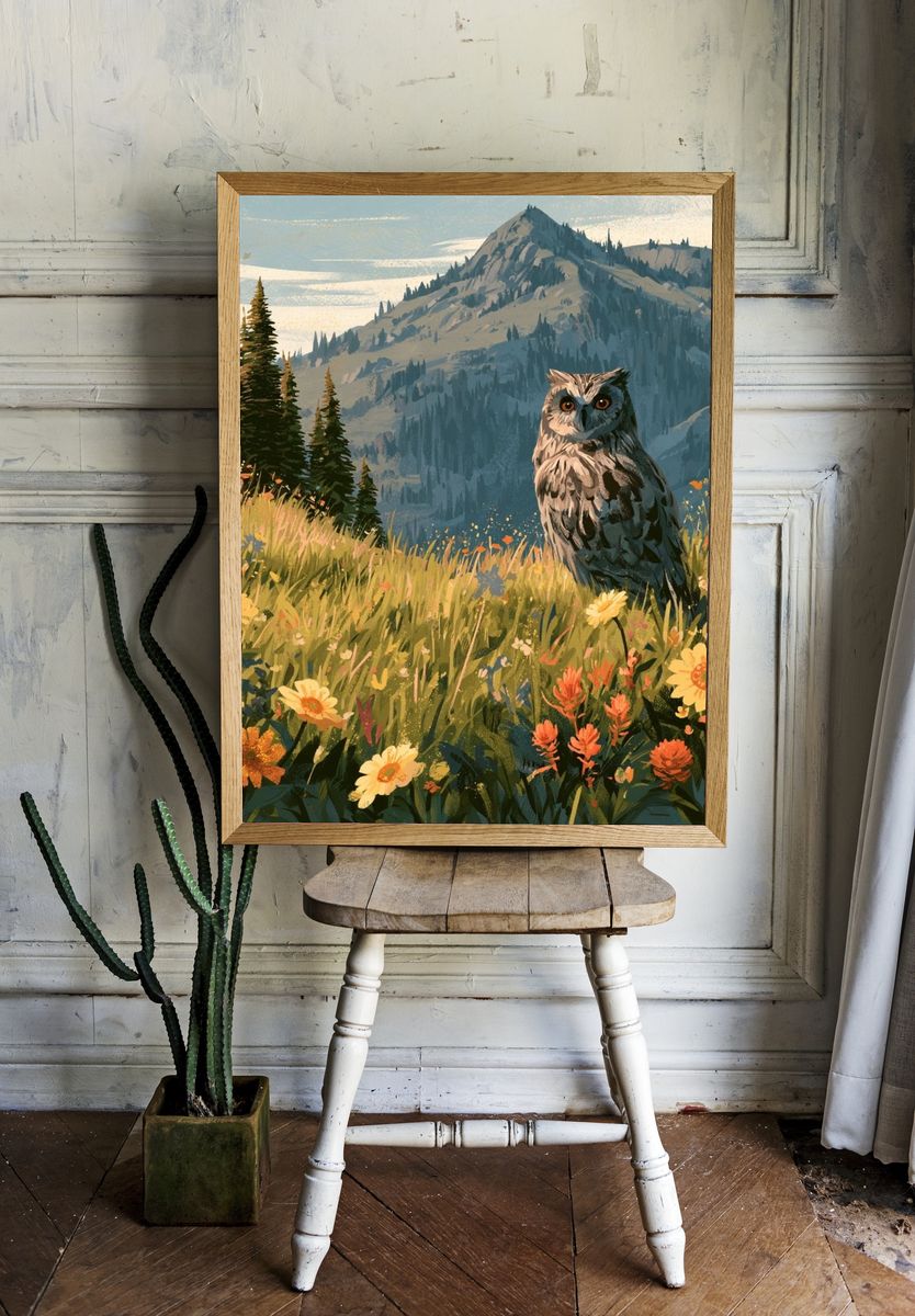 Owl Meadow Mountain Illustration Poster. room preview